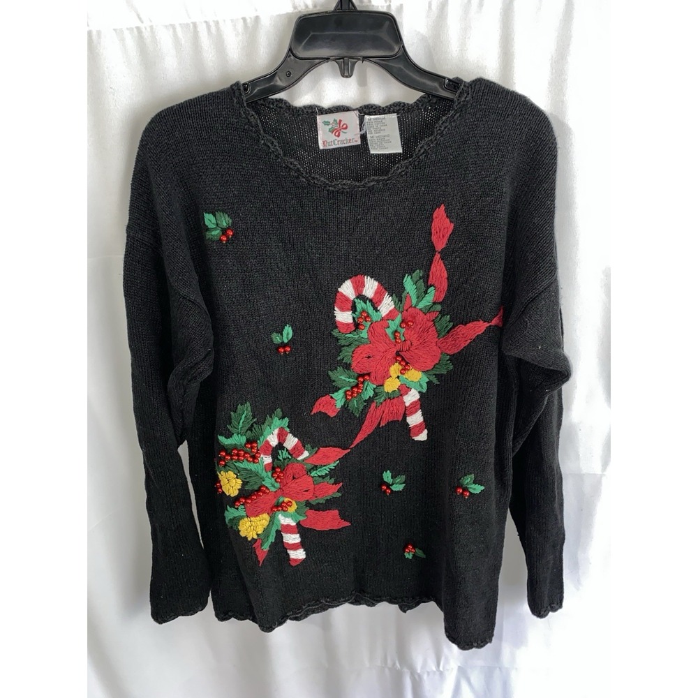 Vintage Nutcracker Christmas Candy Cane Flowers Holiday Sweater Medium Ramie